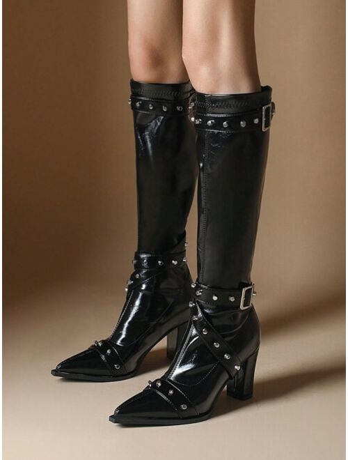 Emien Fashionable Western Style Motorbike Wind Women's Studded Strap Knee-high Boots With Pointed Toe & Chunky Heel