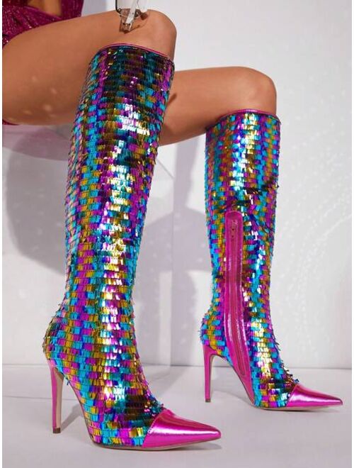 Shein Rectangular Sequin Decor Pointed Toe Women Knee-High Boots