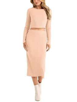 Women's 2024 Fall 2 Piece Outfits Tracksuit Rib Knit Crop Tops And Slit Midi Bodycon Skirt Dress Sets