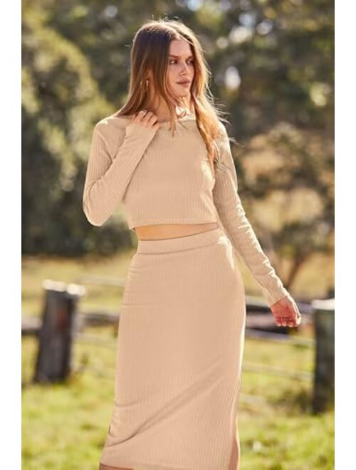 PRETTYGARDEN Women's 2024 Fall 2 Piece Outfits Tracksuit Rib Knit Crop Tops And Slit Midi Bodycon Skirt Dress Sets