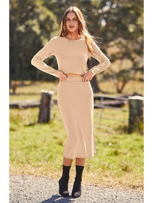 PRETTYGARDEN Women's 2024 Fall 2 Piece Outfits Tracksuit Rib Knit Crop Tops And Slit Midi Bodycon Skirt Dress Sets