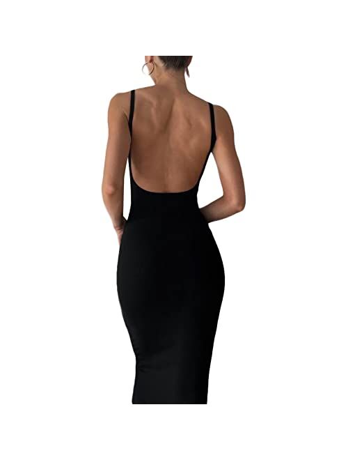 Axupico Women Sexy Backless Maxi Dress Sleeveless Halterneck Solid Slim Fit Bodycon Formal Cocktail Dress for Party