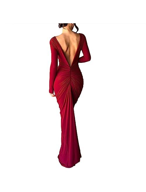 Axupico Women Sexy Backless Maxi Dress Sleeveless Halterneck Solid Slim Fit Bodycon Formal Cocktail Dress for Party