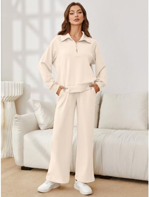 Glamaker Womens 2 Piece Outfits Sweatsuit Set Oversized Half Zip Sweatshirt Wide Leg Sweatpants Lounge Set Tracksuit