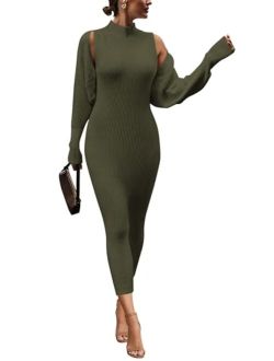 Womens Fall 2 Piece Outfits Bodycon Maxi Tank Pullover Sweater Dress And Long Sleeve Cropped Cardigan Knit Sets