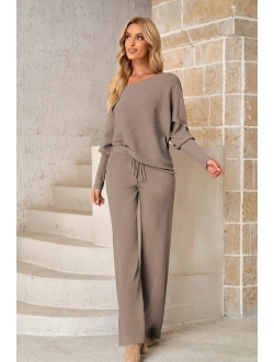 Linsery Womens 2 Piece Outfits One Shoulder Knit Sweater Pullovers Wide Leg Pants Sets Sweatsuit Tracksuit