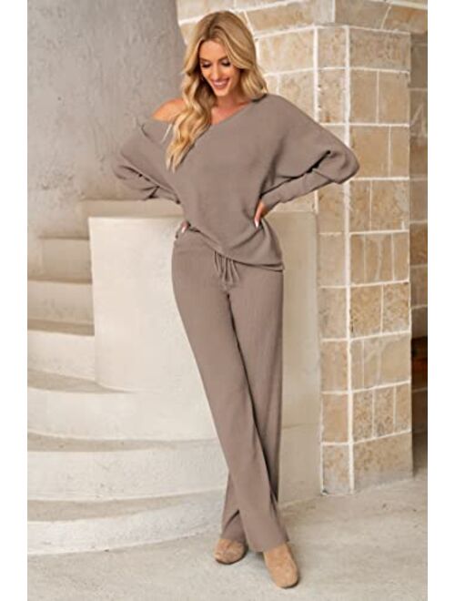 Linsery Womens 2 Piece Outfits One Shoulder Knit Sweater Pullovers Wide Leg Pants Sets Sweatsuit Tracksuit