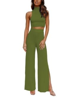 ARTFREE Womens 2 Piece Outfits Sets Casual Sweatsuits Streetwear, Ribbed Knit Palazzo Wide Leg Pants and Cropped Tops