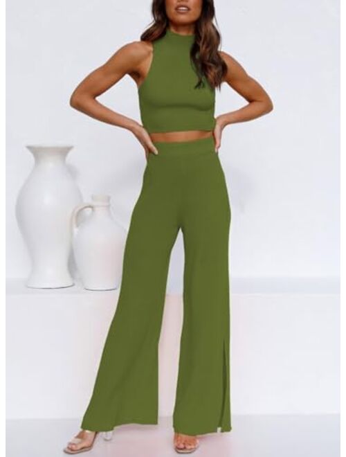ARTFREE Womens 2 Piece Outfits Sets Casual Sweatsuits Streetwear, Ribbed Knit Palazzo Wide Leg Pants and Cropped Tops