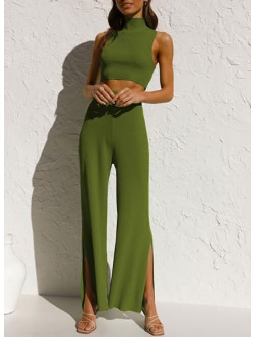 ARTFREE Womens 2 Piece Outfits Sets Casual Sweatsuits Streetwear, Ribbed Knit Palazzo Wide Leg Pants and Cropped Tops