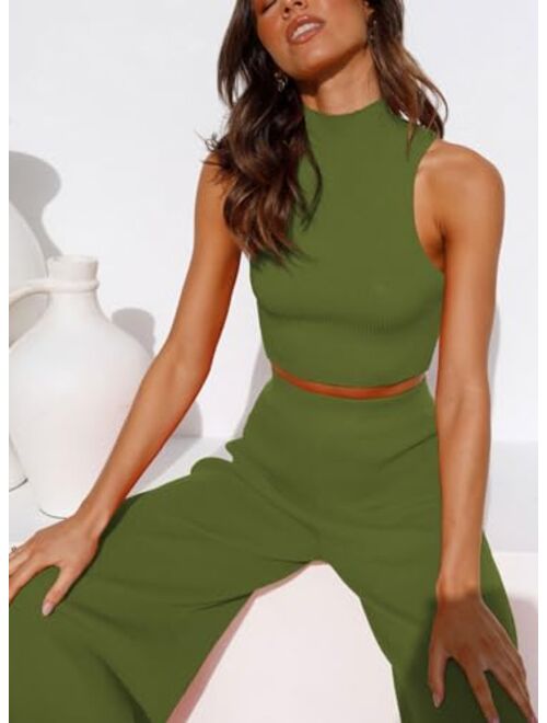 ARTFREE Womens 2 Piece Outfits Sets Casual Sweatsuits Streetwear, Ribbed Knit Palazzo Wide Leg Pants and Cropped Tops