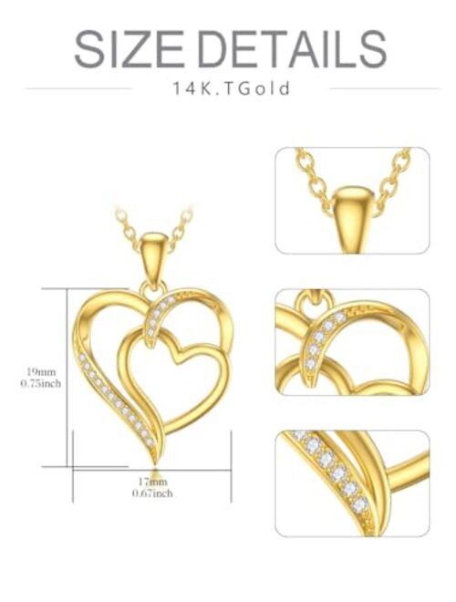 Cpckolf 14K Real Gold Heart Necklace for Women, Solid Gold Double Heart/Interlocking Heart / 2 Hearts Connected Pendant Necklace Birthday Anniversary Mother's Day Gift fo
