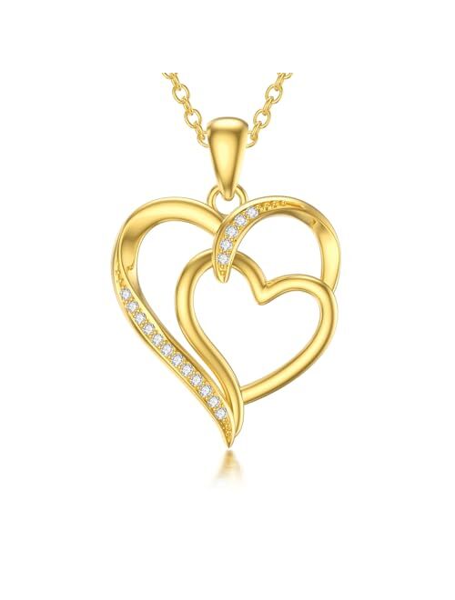 Cpckolf 14K Real Gold Heart Necklace for Women, Solid Gold Double Heart/Interlocking Heart / 2 Hearts Connected Pendant Necklace Birthday Anniversary Mother's Day Gift fo