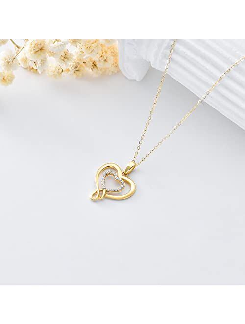 SISGEM 14K Real Gold Heart Necklace for Women,Yellow Gold Love Pendant Necklace Triple Hearts Jewerly Gifts for Birthday Anniversary 16+1+1 inch