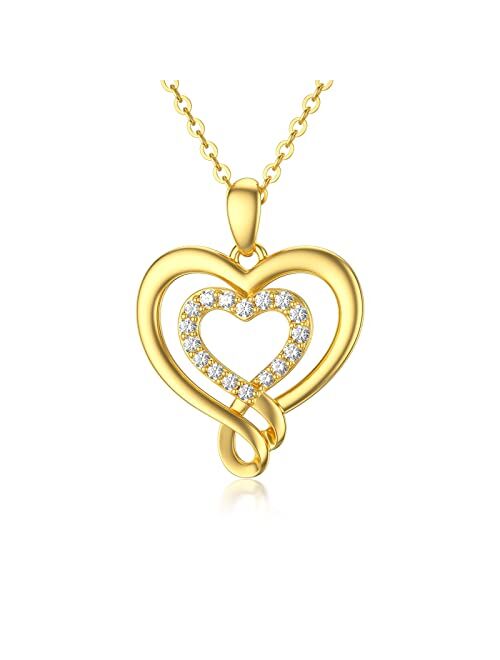 SISGEM 14K Real Gold Heart Necklace for Women,Yellow Gold Love Pendant Necklace Triple Hearts Jewerly Gifts for Birthday Anniversary 16+1+1 inch