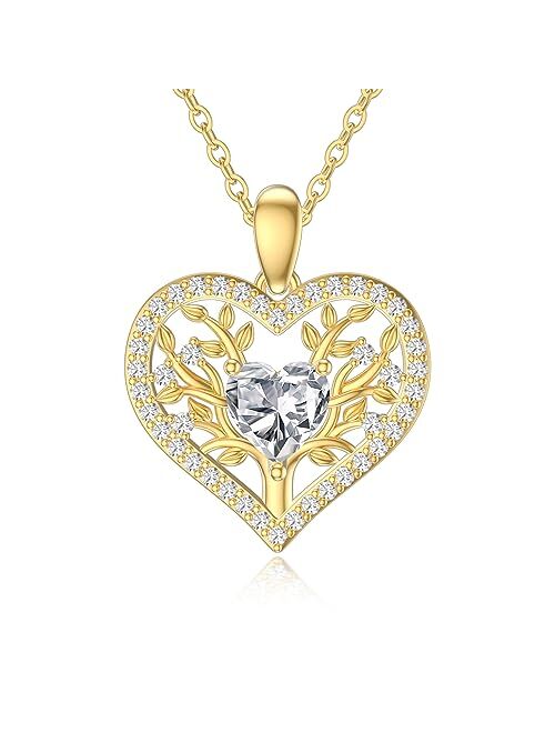 SISGEM 14K Real Gold Tree of Life Necklace for Women,Yellow Gold Family Tree Pendant Necklace Garnet Heart Jewerly Gifts for Birthday Christmas 16+1+1 inch