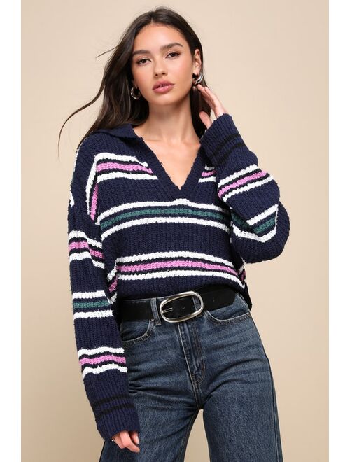 Free People Kennedy Navy Blue Striped Collared Long Sleeve Pullover Sweater