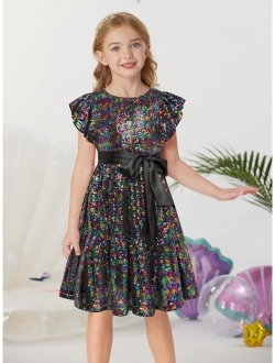 Girl Sequin Dress Ruffle Sleeve A-Line Holiday Party Dress 5-12Years