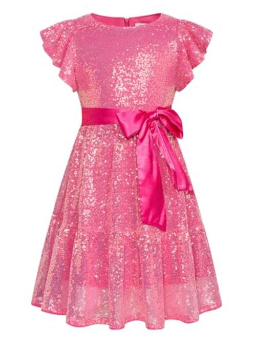 GRACE KARIN Girl Sequin Dress Ruffle Sleeve A-Line Holiday Party Dress 5-12Years