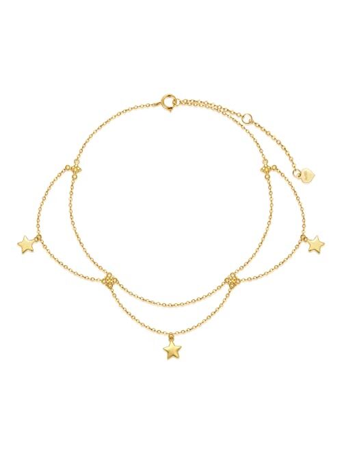 SISGEM 14K Real Gold Star/Moon Anklets for Women,Yellow Gold Star Moon Link Ankle Bracelet Tassel Foot Jewerly Gifts for Birthday Christmas 8+2 inch