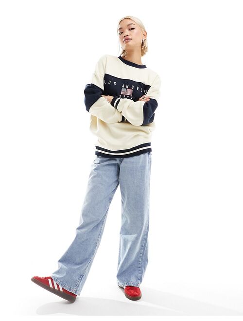 Daisy Street paneled stripe Los Angeles sweatshirt in stone and navy