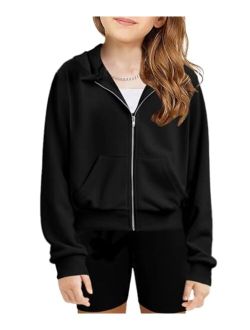 Girls Zip Up Cropped Hoodies Casual Long Sleeve Sweatshirts Jackets with Pockets