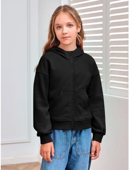 Meikulo Girls Zip Up Hoodie Long Sleeve Drop Shoulder Crop Cotton Sweatshirt Jacket With Pockets