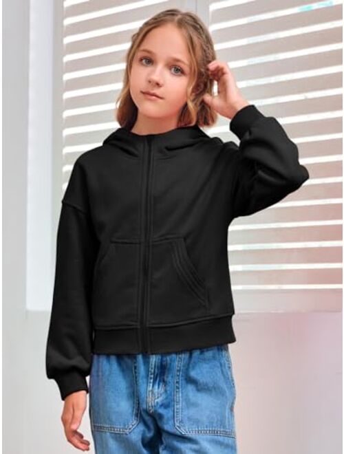 Meikulo Girls Zip Up Hoodie Long Sleeve Drop Shoulder Crop Cotton Sweatshirt Jacket With Pockets