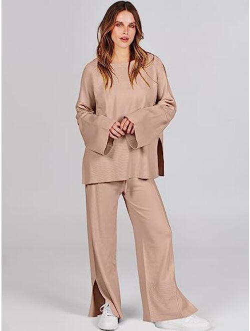 ANRABESS Women 2 Piece Outfits Sweatsuit Oversized Knit Pullover and Drawstring Wide Leg Pants Sweater Sets