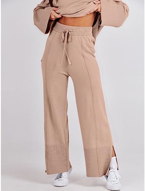 ANRABESS Women 2 Piece Outfits Sweatsuit Oversized Knit Pullover and Drawstring Wide Leg Pants Sweater Sets