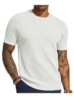 Men's T-Shirts Casual Knit Short Sleeve Crewneck Honeycomb Waffle Solid Knitted Pullover Tees