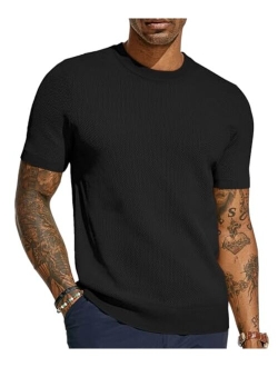 Men's T-Shirts Casual Knit Short Sleeve Crewneck Honeycomb Waffle Solid Knitted Pullover Tees
