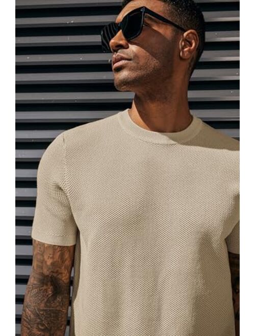 PJ PAUL JONES Men's T-Shirts Casual Knit Short Sleeve Crewneck Honeycomb Waffle Solid Knitted Pullover Tees