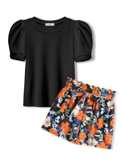 Girls 2 Piece Summer Outfits Knit Twist Puff Sleeve Top and High Waist Paper Bag Shorts Set with Pockets