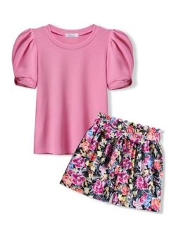 Girls 2 Piece Summer Outfits Knit Twist Puff Sleeve Top and High Waist Paper Bag Shorts Set with Pockets