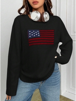 Women's Flag Pattern Long Sleeve Round Neck Sweater Casual Loose Pullover Sweater