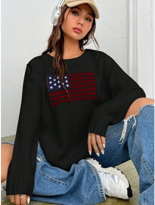 SweatyRocks Women's Flag Pattern Long Sleeve Round Neck Sweater Casual Loose Pullover Sweater