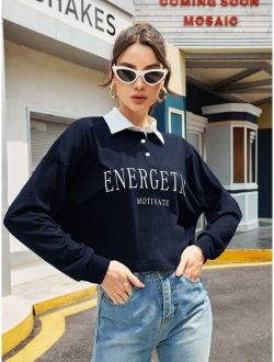 SHEIN Mulvari Letter Graphic Drop Shoulder Contrast Collar Tee