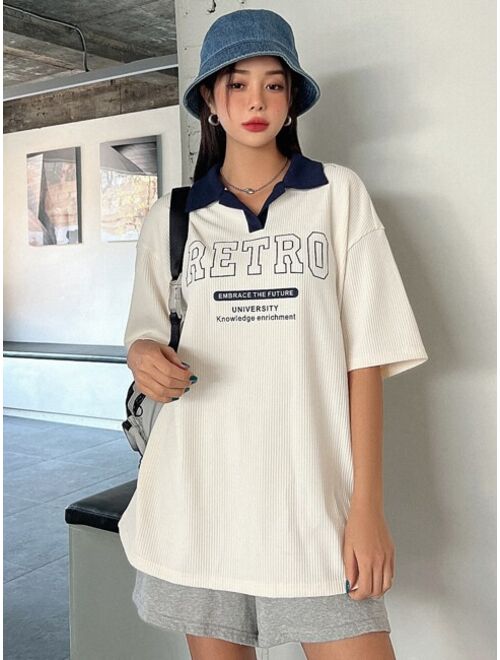 Shein DAZY Slogan Graphic Contrast Collar Drop Shoulder Tee