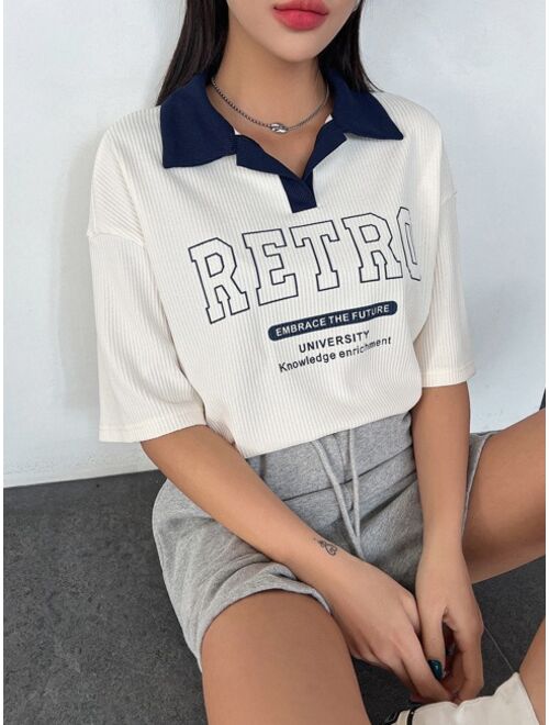 Shein DAZY Slogan Graphic Contrast Collar Drop Shoulder Tee