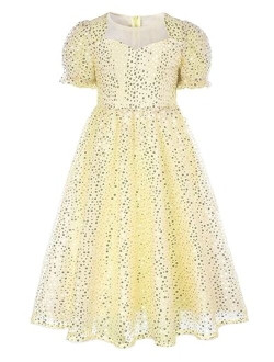 Girls Sequin Velvet Dress Short Sleeve Sparkly Tulle Princess Party Maxi Dress 5-12Y