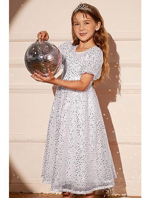 GRACE KARIN Girls Sequin Velvet Dress Short Sleeve Sparkly Tulle Princess Party Maxi Dress 5-12Y