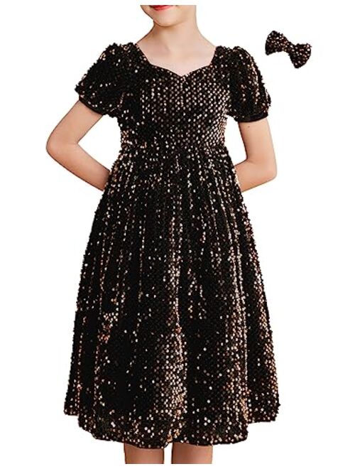 GRACE KARIN Girls Sequin Velvet Dress Short Sleeve Sparkly Tulle Princess Party Maxi Dress 5-12Y