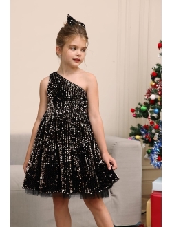 Girls Sequin Dress One Shoulder Sparkle Party Dress with Hair Bow