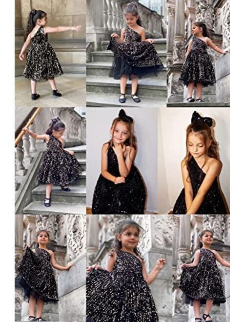 GRACE KARIN Girls Sequin Dress One Shoulder Sparkle Party Dress with Hair Bow