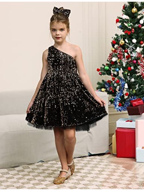 GRACE KARIN Girls Sequin Dress One Shoulder Sparkle Party Dress with Hair Bow