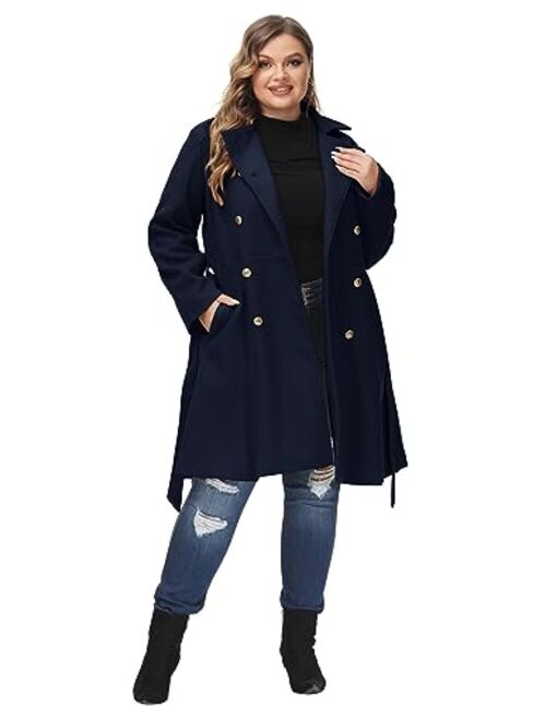 Hanna Nikole Women's Plus Size Wool Dress Coat with Belt Double Breasted Pea Coats Mid-Long Trench Coat