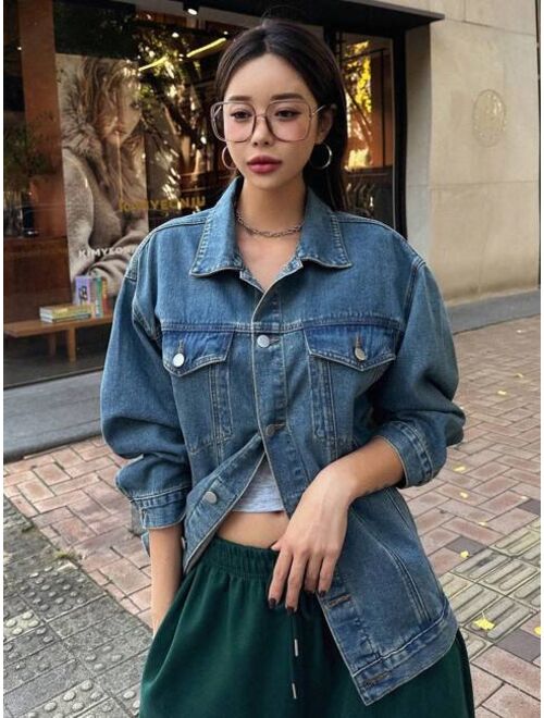 Shein DAZY Flap Detail Drop Shoulder Denim Jacket