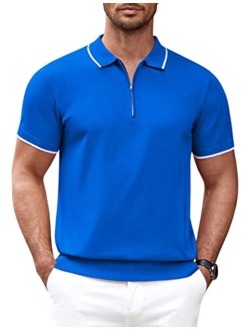 Men's Zipper Polo Shirt Casual Knit Short Sleeve Polo T Shirt Classic Fit Shirts