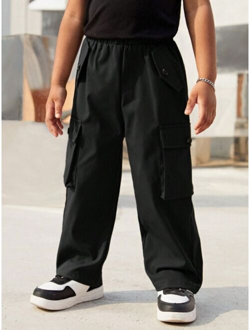 SHEIN Kids SHEIN Solid Black Casual Versatile Flip Cover Pocket Workwear Pants For Young Boys